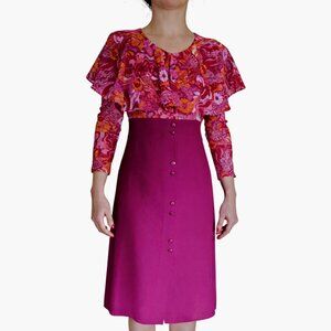 Vintage 1970s Alan Kodie Prairie Midi Dress S/M Floral Ruffle Top Magenta Boho